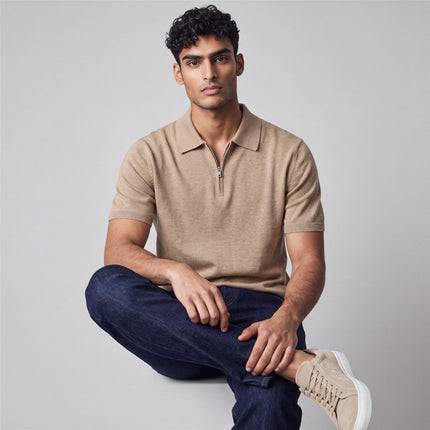 Massimo Dutti Mens Classic Knitted Linen Blend Polo Shirt Half Zip Neck Beige