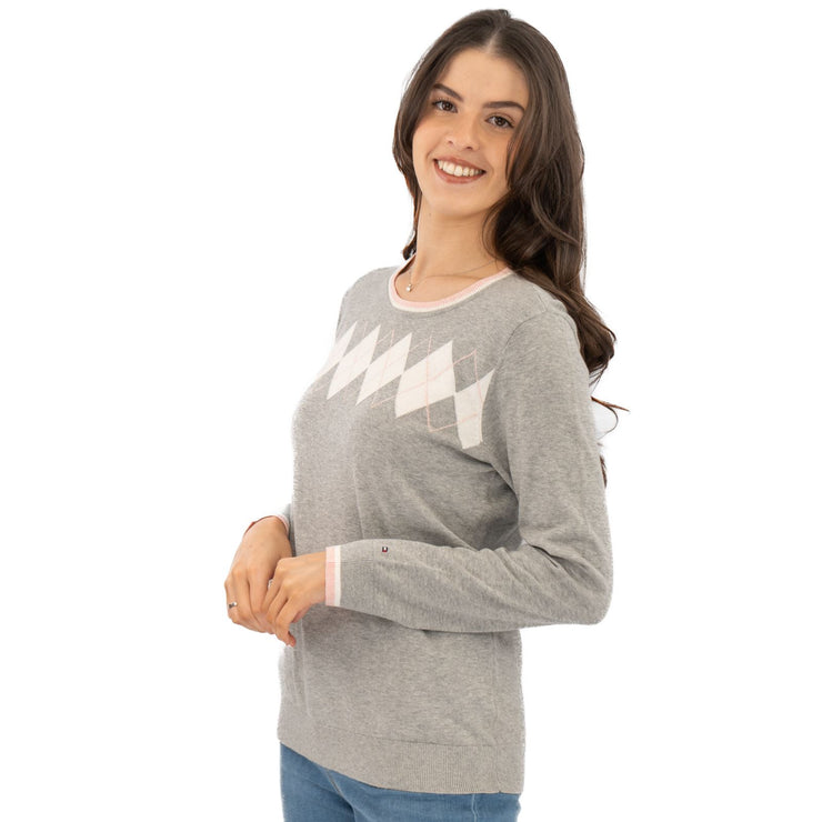 Lucy Argyle Jumper Grey Diamond Intarsia Long Sleeve Tops - Quality Brands Outlet
