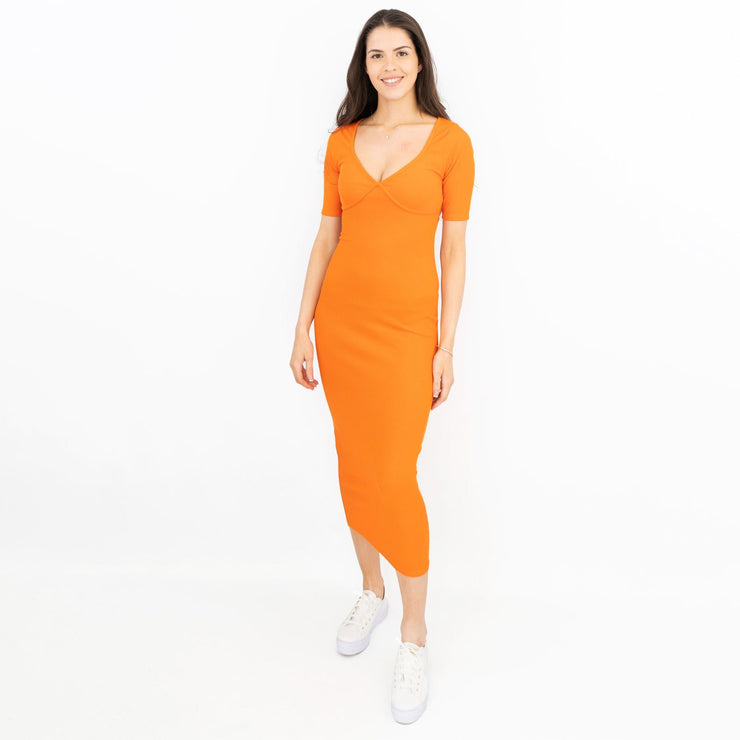 Orange Ribbed Bodycon Midi Dress - Short Sleeve V-Neck Style Quality Brands Outlet Orange Ribbed Bodycon Midi Dress - Short Sleeve V-Neck Style Quality Brands Outlet