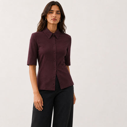M&S Autograph Shirt Raisin Brown Fitted Jersey Short Sleeve Top