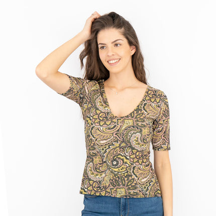 Oasis Green Paisley Print V-Neck Short Sleeve Tops-Quality Brands Outlet-