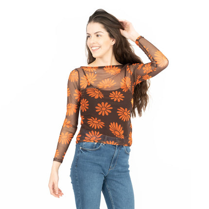 Karen Millen Floral Brown & Orange Boat Neck Long Sleeve Mesh Tops-Quality Brands Outlet-