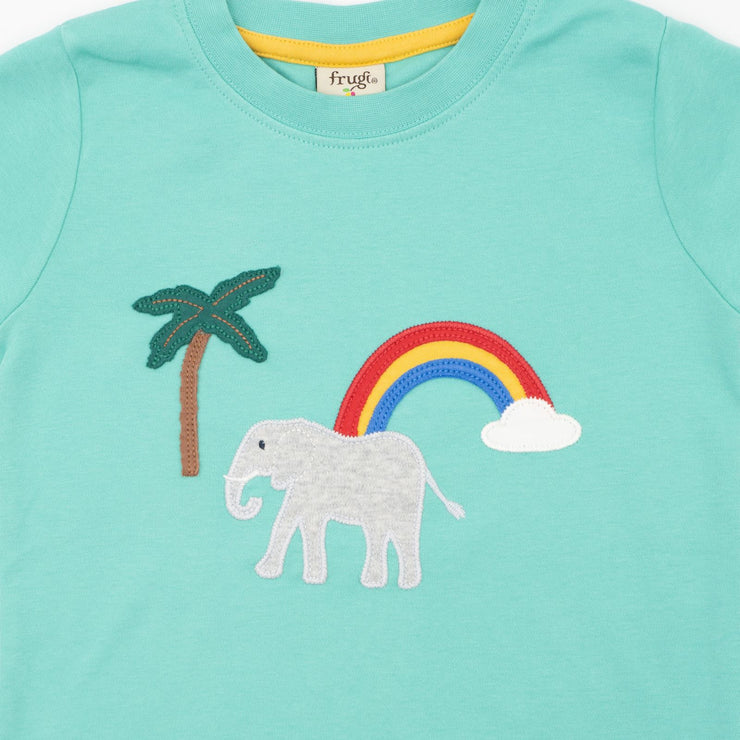 Frugi Girls T-Shirt Green Short Sleeve Elephant Casual Cotton Tops