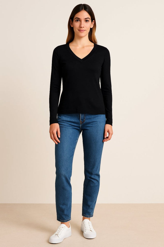 Brady V-Neck Tops Black Long Sleeve-Quality Brands Outlet-