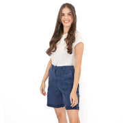 M&S Cargo Shorts Elastic Waist Cotton Lyocell Navy Blue Turn Up - Quality Brands Outlet