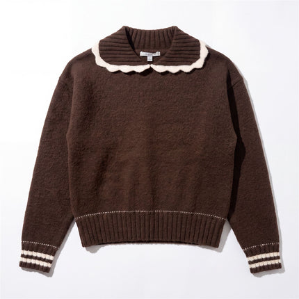 Womens Jumper Knitwear Chocolate Brown Scalloped Neck Collar