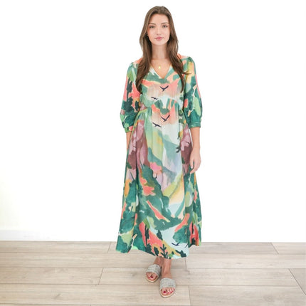 White Stuff Dress Lucy Midi Dress V - Neck Green Multi Floral V - Neck Midi - Quality Brands Outlet