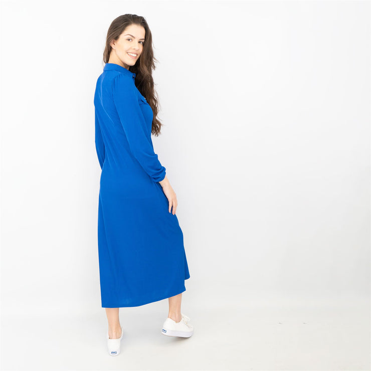 Oasis Ribbed Lightweight Long Sleeve Blue Midi Shirt Dress - No Belt