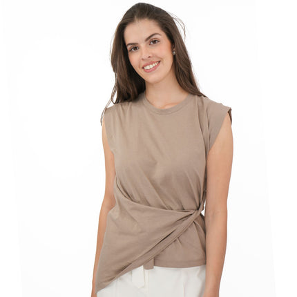 Tilly Drape Cotton Tops Taupe Sleeveless-Quality Brands Outlet-