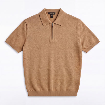 Massimo Dutti Mens Classic Knitted Linen Blend Polo Shirt Half Zip Neck Beige
