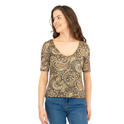 Oasis Green Paisley Print V-Neck Short Sleeve Tops-Quality Brands Outlet-