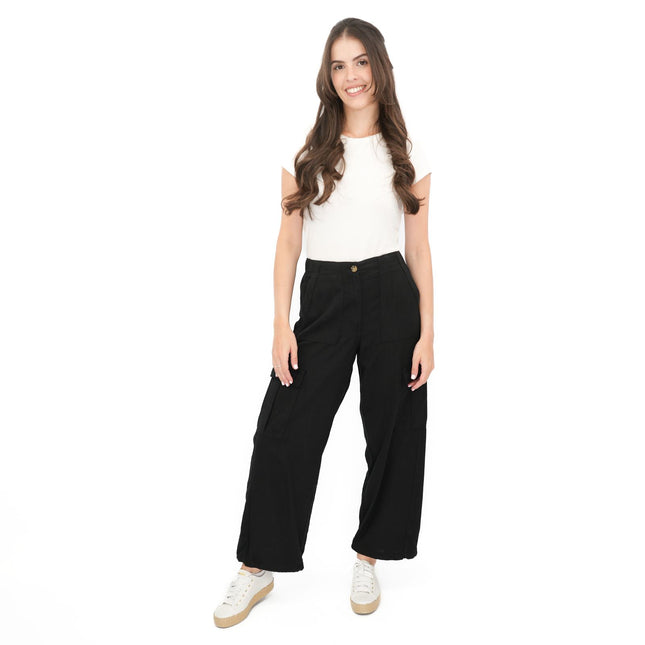 M&S Per Una Cargo Trousers Summer Linen Lyocell Blend Black Wide Leg with Drawstring-Quality Brands Outlet-