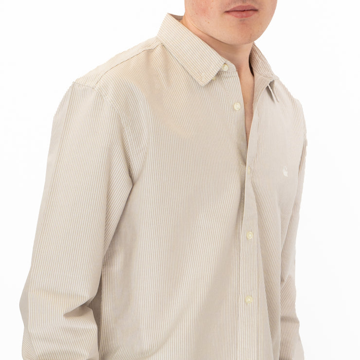 Carhartt WIP Men Duffield Beige Striped Long Sleeve Shirts with Button-Down Collar - Round Hem - Quality Brands Outlet