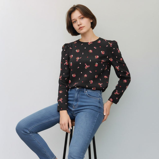 M&S Black Ditsy Floral Print Long Puff Sleeve Round Neck Tops-Quality Brands Outlet-
