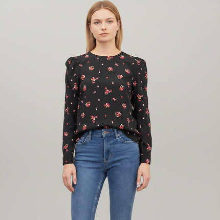 M&S Black Ditsy Floral Print Long Puff Sleeve Round Neck Tops - Quality Brands Outlet