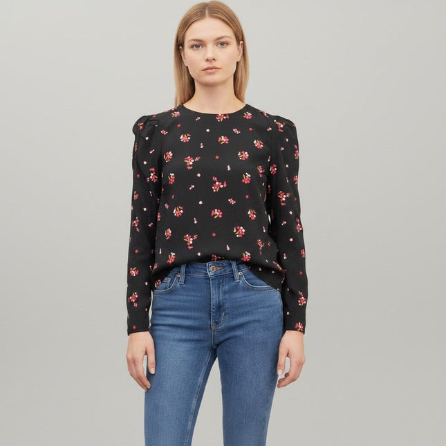 M&S Black Ditsy Floral Print Long Puff Sleeve Round Neck Tops-Quality Brands Outlet-