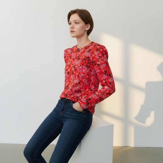 M&S Red Ditsy Floral Print Long Sleeve Lightweight Tops-Quality Brands Outlet-