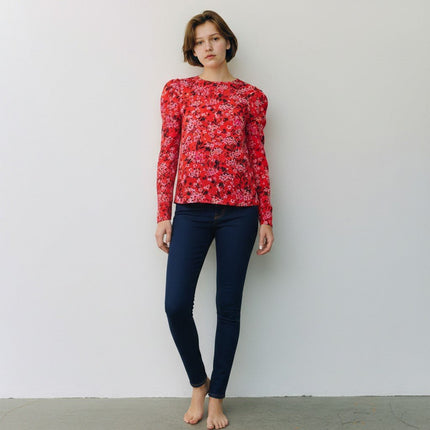 M&S Red Ditsy Floral Print Long Sleeve Lightweight Tops-Quality Brands Outlet-