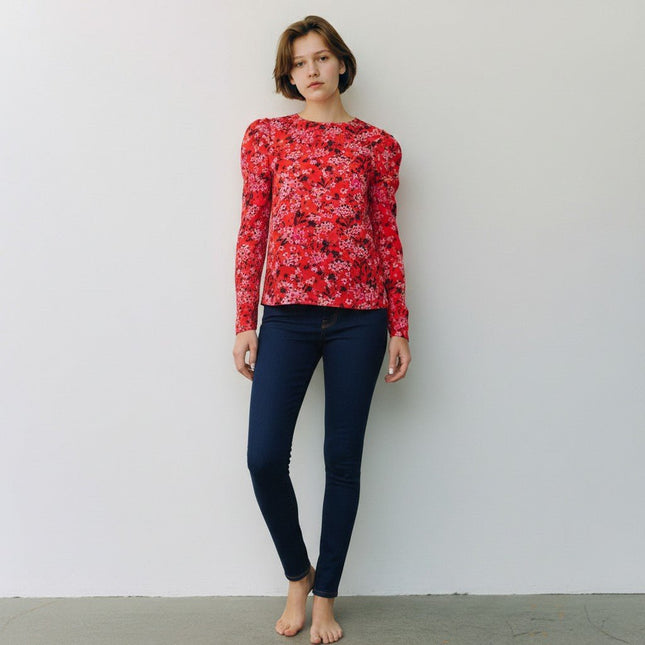M&S Red Ditsy Floral Print Long Sleeve Lightweight Tops-Quality Brands Outlet-