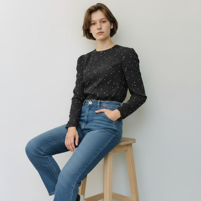 M&S Black Polka Dot Long Sleeve Lightweight Going Out Tops-Quality Brands Outlet-