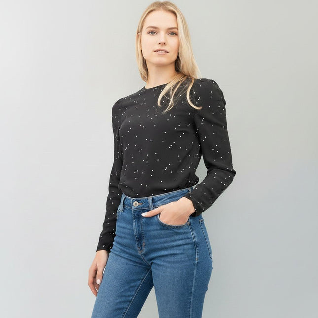 M&S Black Polka Dot Long Sleeve Lightweight Going Out Tops-Quality Brands Outlet-