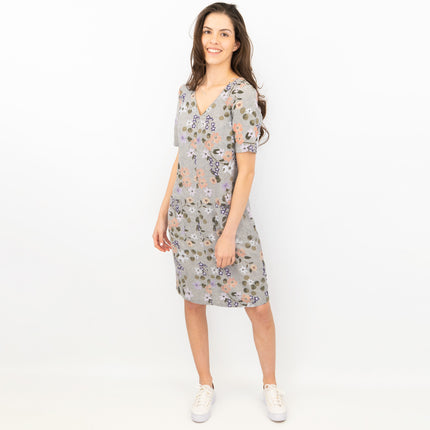 M&S Linen Blend Grey Floral Short Sleeve Casual Shift Dress-Quality Brands Outlet-