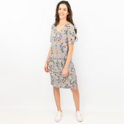 M&S Linen Blend Grey Floral Short Sleeve Casual Shift Dress