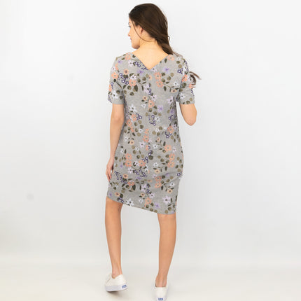 M&S Linen Blend Grey Floral Short Sleeve Casual Shift Dress-Quality Brands Outlet-