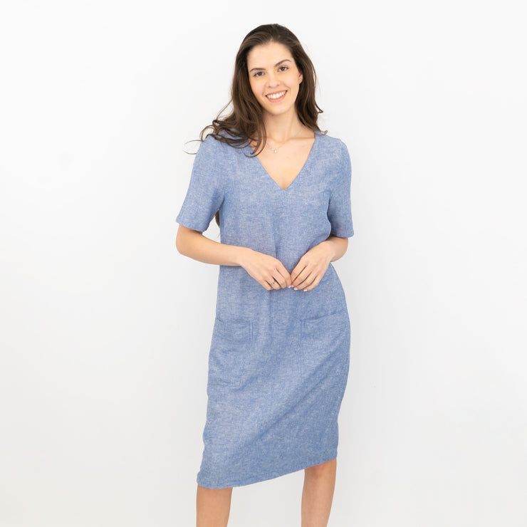 M&S Linen Blend Blue Chambray Short Sleeve Casual Shift Dresses