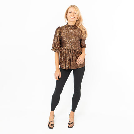 New Look Gold Copper Peplum 3/4 Sleeve Sparkly Sequin Tops-Quality Brands Outlet-