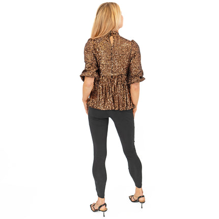 New Look Gold Copper Peplum 3/4 Sleeve Sparkly Sequin Tops-Quality Brands Outlet-