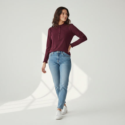 Boden Burgundy Supersoft Frill Henley Top Cotton Modal Slim Fit-Quality Brands Outlet-