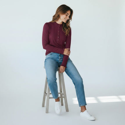 Boden Burgundy Supersoft Frill Henley Top Cotton Modal Slim Fit-Quality Brands Outlet-