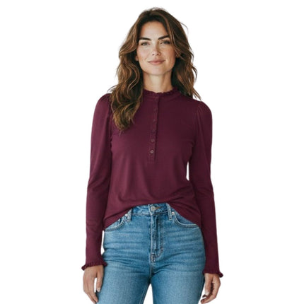 Boden Burgundy Supersoft Frill Henley Top Cotton Modal Slim Fit-Quality Brands Outlet-