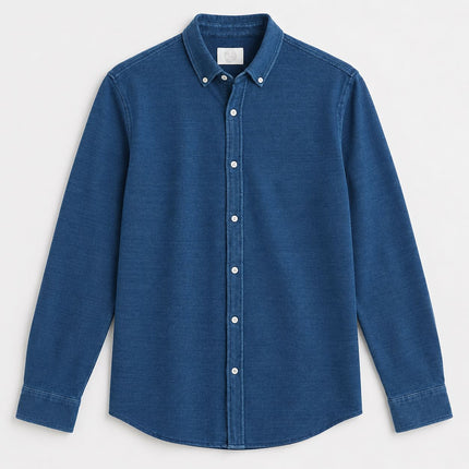 Mens Blue Shirts Long Sleeve Pure Cotton Pique Regular Fit Tops