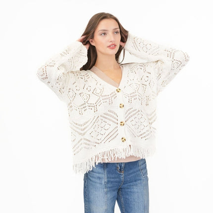 M&S Knitted V-Neck Fringe Cropped Cardigan Boho-Chic Natural Ivory-Quality Brands Outlet-