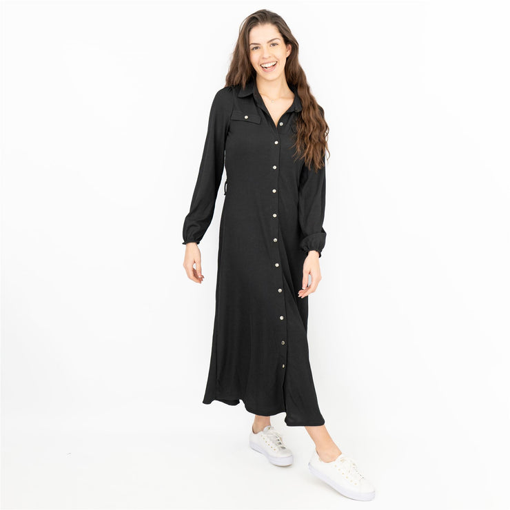 Oasis Ribbed Lightweight Long Sleeve Black Midi Shirt Dress - No Belt