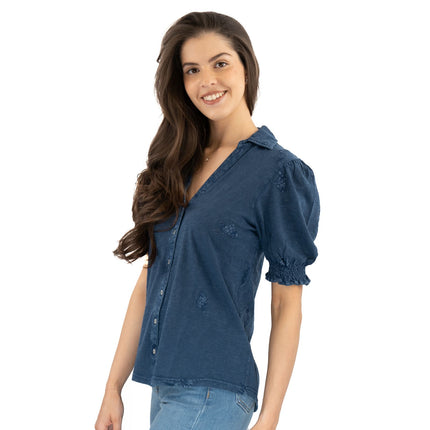 White Stuff Penelope Blue Denim Embroidered Top-Quality Brands Outlet-