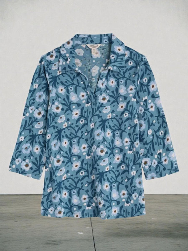 Seasalt Blue Wavecrest Shirts 3/4 Sleeve Collared - Quality Brands Outlet