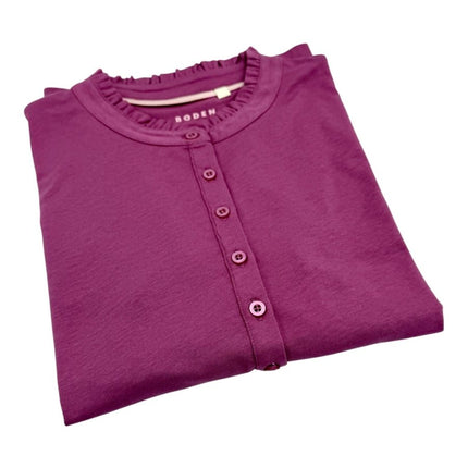 Boden Damson Pink Supersoft Frill Henley Top Cotton Modal Slim Fit - Quality Brands Outlet