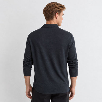 Mens Tops Long Sleeve Pembroke Linen Knitted Polo - Navy