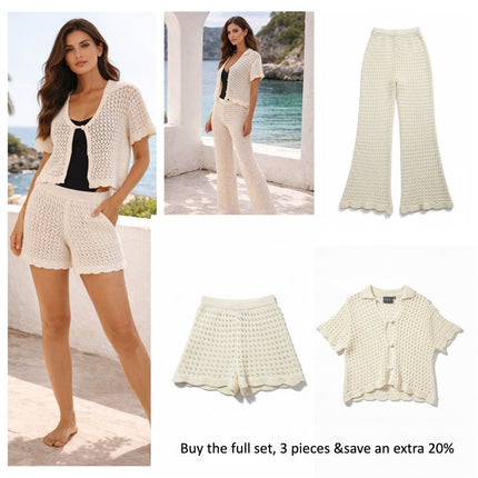 Crochet Co-Ord Knit Shorts Ivory Scalloped Hem-Quality Brands Outlet-