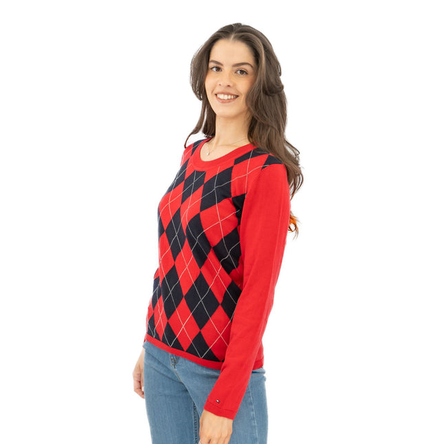 Lucy Argyle Jumper Red Diamond Intarsia Long Sleeve Tops-Quality Brands Outlet-