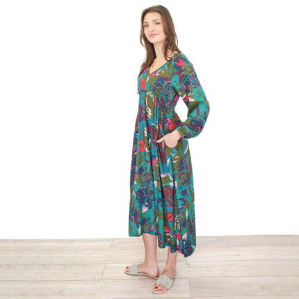 White Stuff Izzy Midi Dress Green Print V - Neck - Quality Brands Outlet