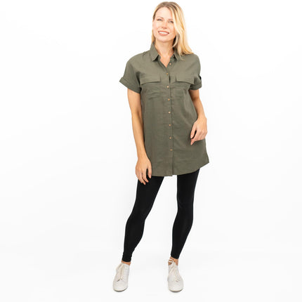 Womens Linen Tunic Khaki Green Short Sleeve Shirts-Quality Brands Outlet-