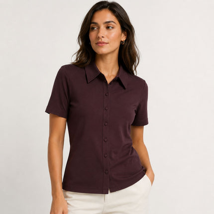 M&S Autograph Shirt Raisin Brown Fitted Jersey Short Sleeve Top