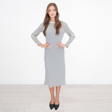M&S Ecru Cream Striped Midi Dress-Quality Brands Outlet-