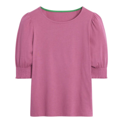 Boden Bright Pink Puff Sleeve T-Shirt Cotton Smocked Cuff Casual Summer - Quality Brands Outlet