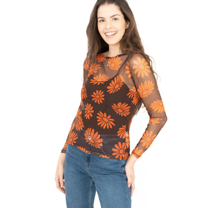 Karen Millen Floral Brown & Orange Boat Neck Long Sleeve Mesh Tops-Quality Brands Outlet-