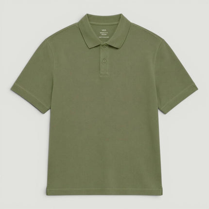 M&S Green Pure Cotton Garment Dyed Polo Shirt Relaxed Fit - Quality Brands Outlet